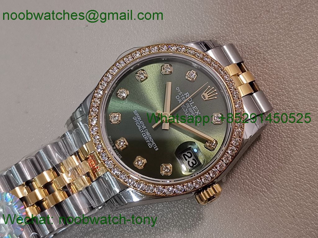 Replica Rolex DateJust 31mm Two Tone SS Yellow Gold TWF Best Green Dial Diamond Bezel A2824
