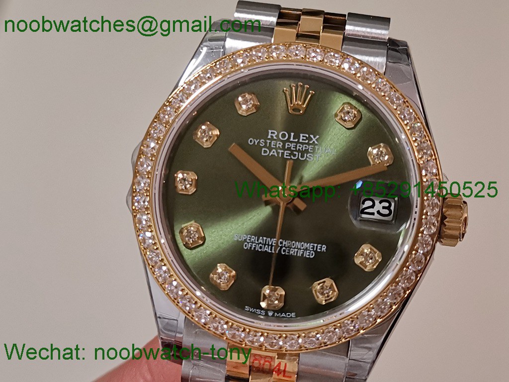 Replica Rolex DateJust 31mm Two Tone SS Yellow Gold TWF Best Green Dial Diamond Bezel A2824