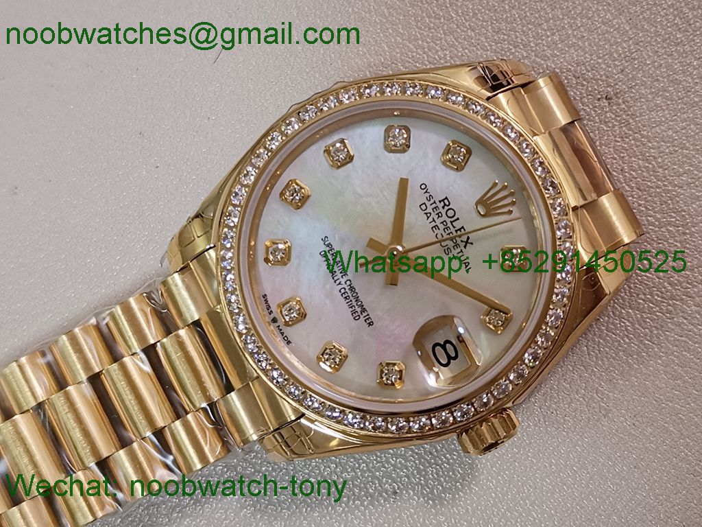 Replica Rolex DateJust 31mm Yellow Gold GSF Best MOP Mother of Pearl Dial Diamond Bezel A2824