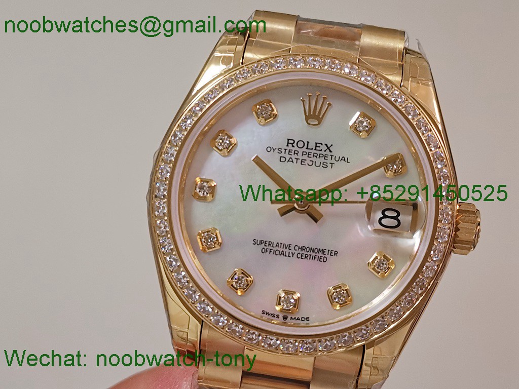 Replica Rolex DateJust 31mm Yellow Gold GSF Best MOP Mother of Pearl Dial Diamond Bezel A2824