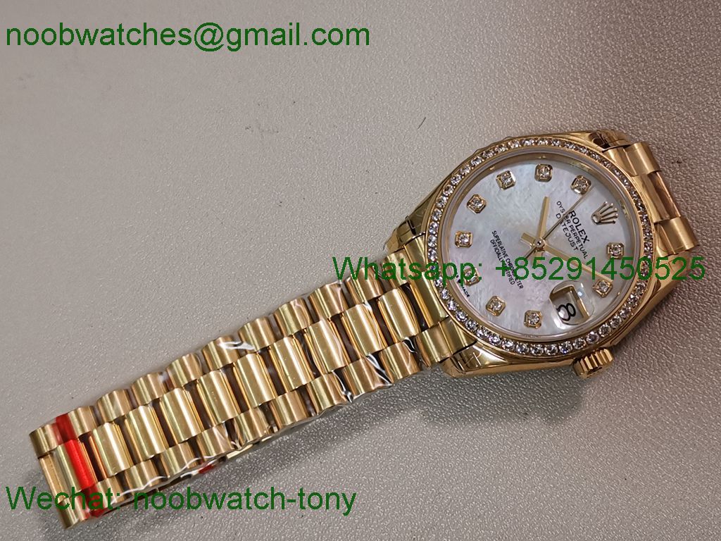Replica Rolex DateJust 31mm Yellow Gold GSF Best MOP Mother of Pearl Dial Diamond Bezel A2824