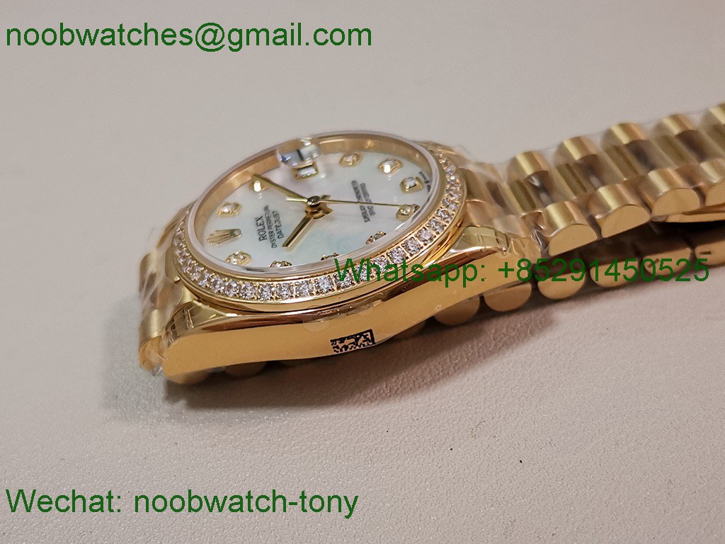 Replica Rolex DateJust 31mm Yellow Gold GSF Best MOP Mother of Pearl Dial Diamond Bezel A2824