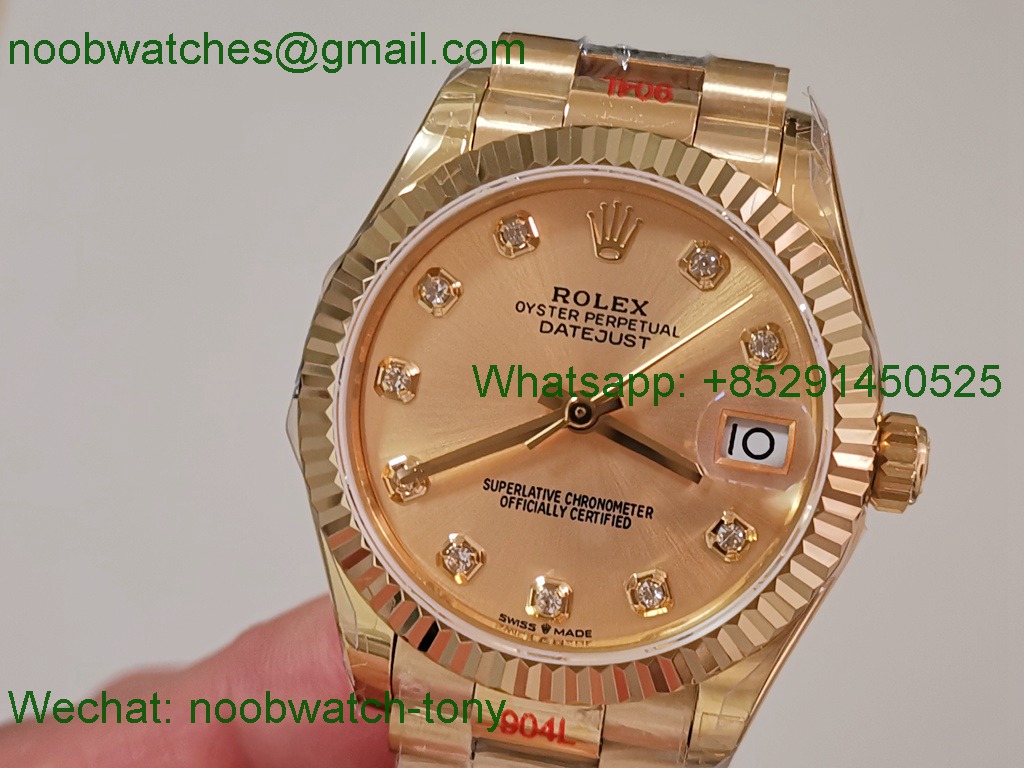 Replica Rolex DateJust 31mm Yellow Gold TWF Best Golden Dial A2824