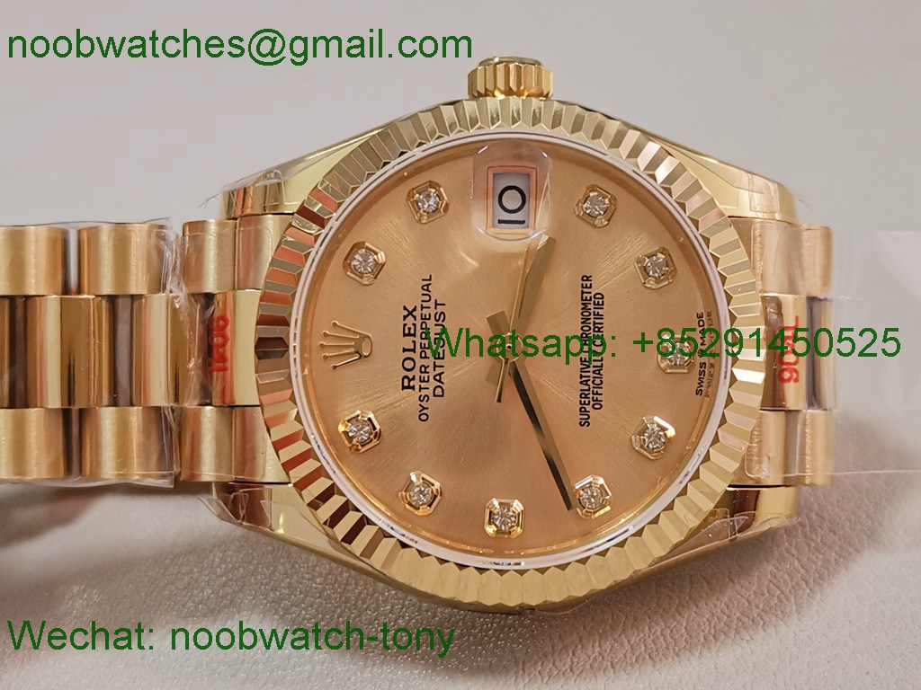 Replica Rolex DateJust 31mm Yellow Gold TWF Best Golden Dial A2824