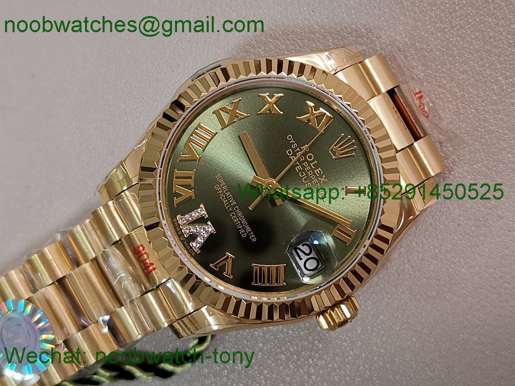 Replica Rolex DateJust 31mm Yellow Gold TWF Best Green Dial A2824