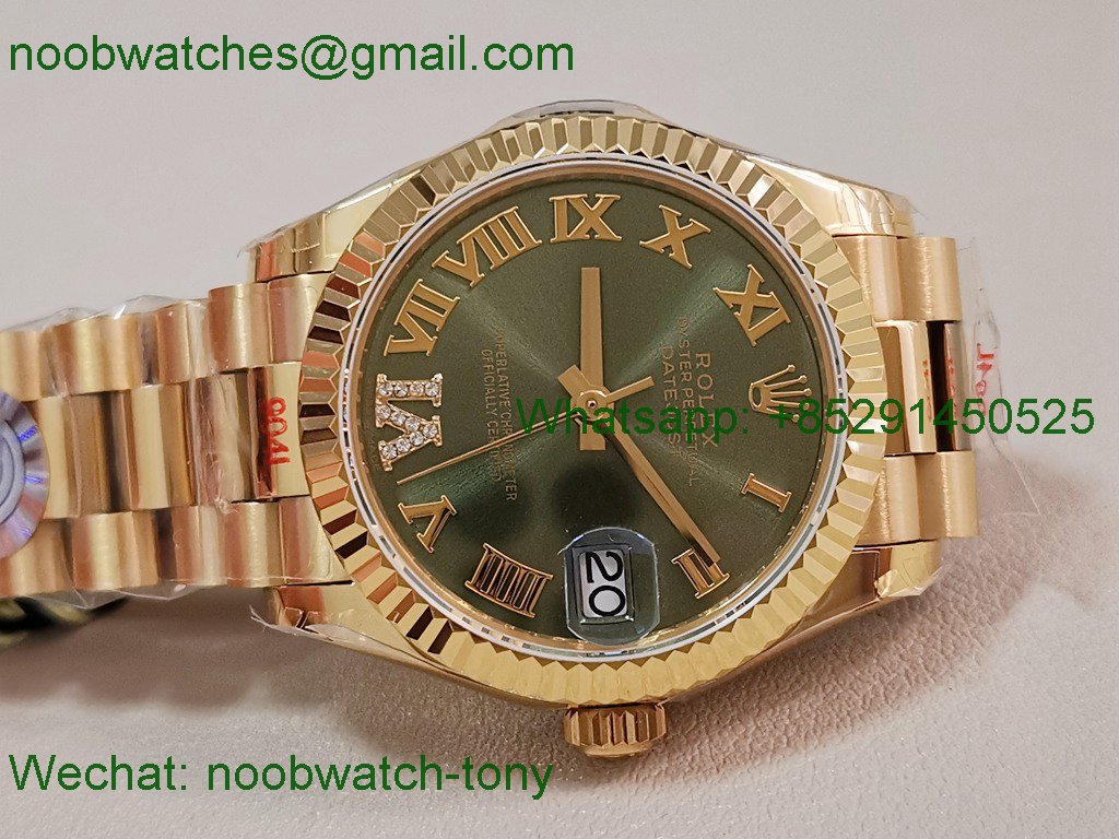 Replica Rolex DateJust 31mm Yellow Gold TWF Best Green Dial A2824