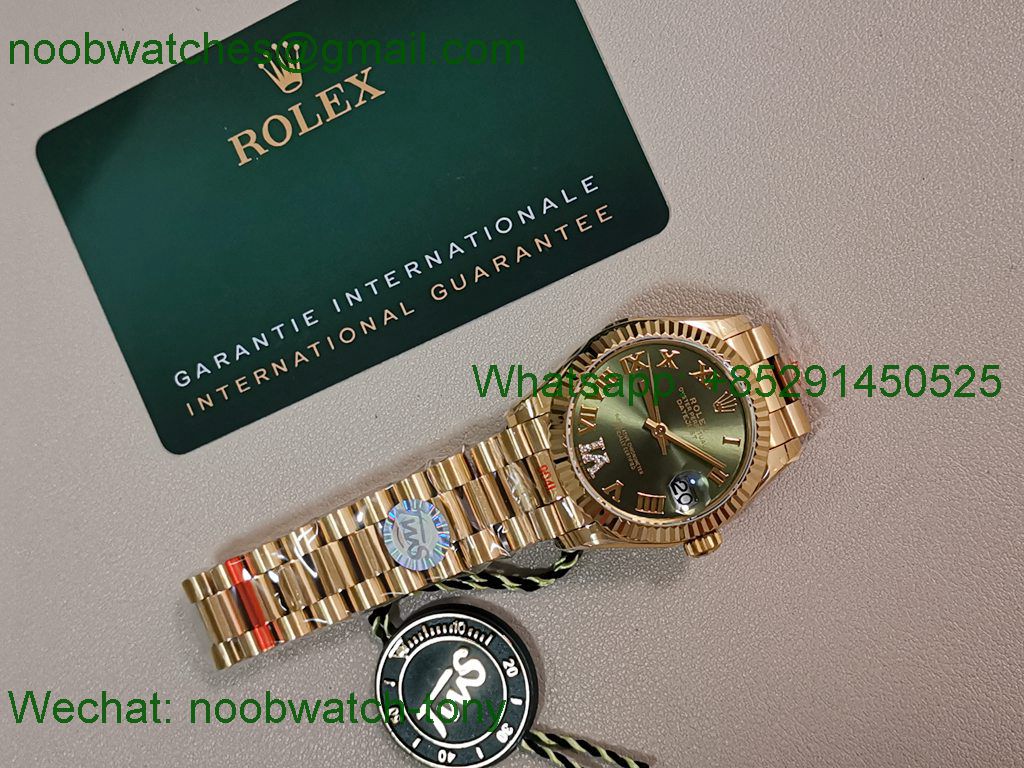 Replica Rolex DateJust 31mm Yellow Gold TWF Best Green Dial A2824