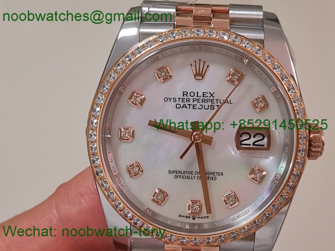Replica Rolex DateJust 36mm Rose Gold 126231 ARF Best SuperClone MOP Mother of Pearl Dial Diamond Bezel