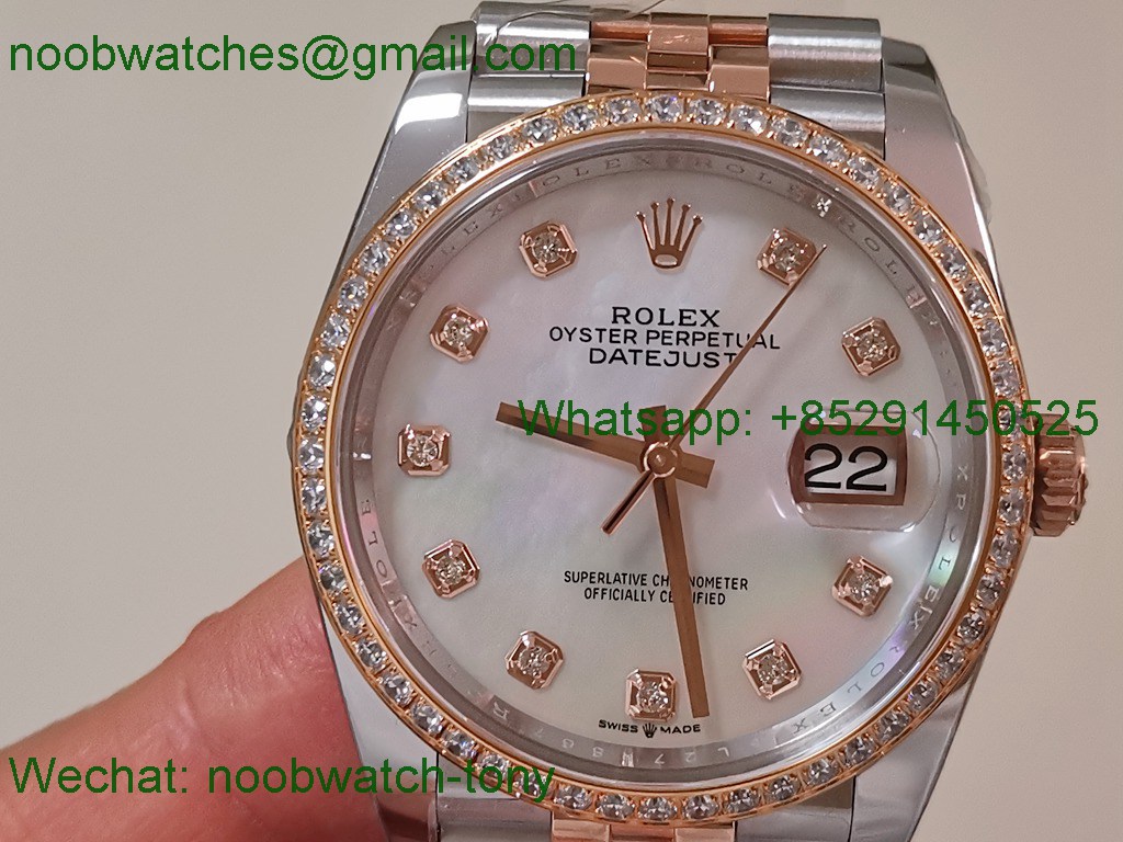 Replica Rolex DateJust 36mm Rose Gold 126231 ARF Best SuperClone MOP Mother of Pearl Dial Diamond Bezel