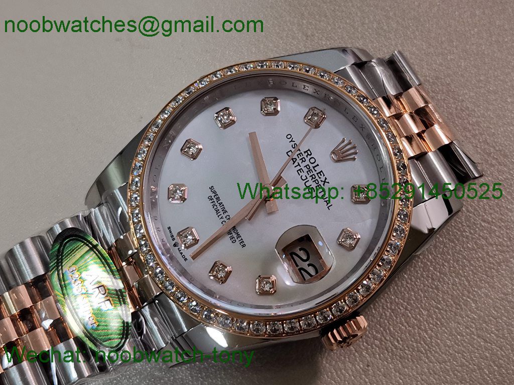 Replica Rolex DateJust 36mm Rose Gold 126231 ARF Best SuperClone MOP Mother of Pearl Dial Diamond Bezel