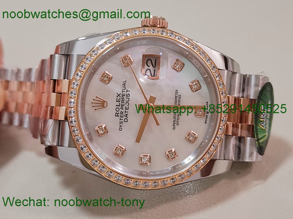 Replica Rolex DateJust 36mm Rose Gold 126231 ARF Best SuperClone MOP Mother of Pearl Dial Diamond Bezel