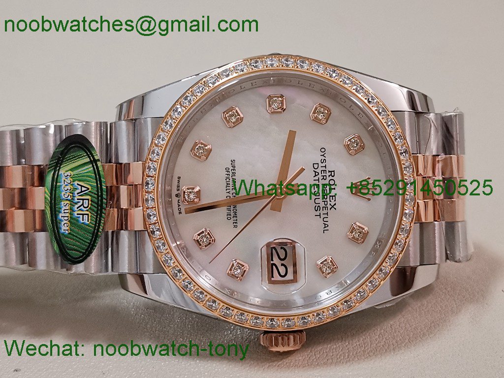 Replica Rolex DateJust 36mm Rose Gold 126231 ARF Best SuperClone MOP Mother of Pearl Dial Diamond Bezel