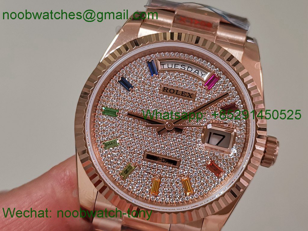 Replica Rolex DayDate 128238 Heavy Gain Weight Rose Gold QF 1:1 Best Diamond Rainbow Dial President Bracelet