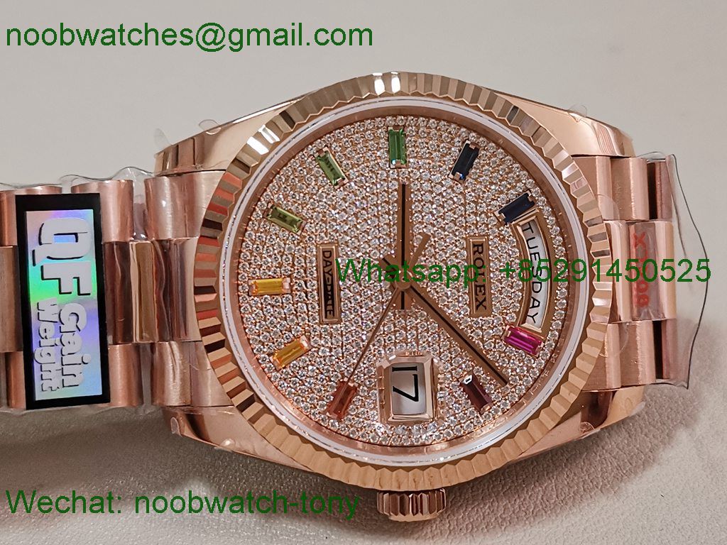 Replica Rolex DayDate 128238 Heavy Gain Weight Rose Gold QF 1:1 Best Diamond Rainbow Dial President Bracelet