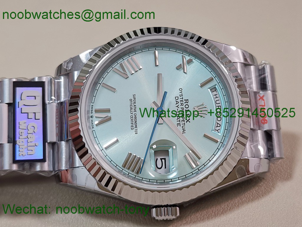 Replica Rolex DayDate 40mm QF 1:1 Best SuperClone Heavy Gain Weight Ice Blue Roman Dial President A2836 V5