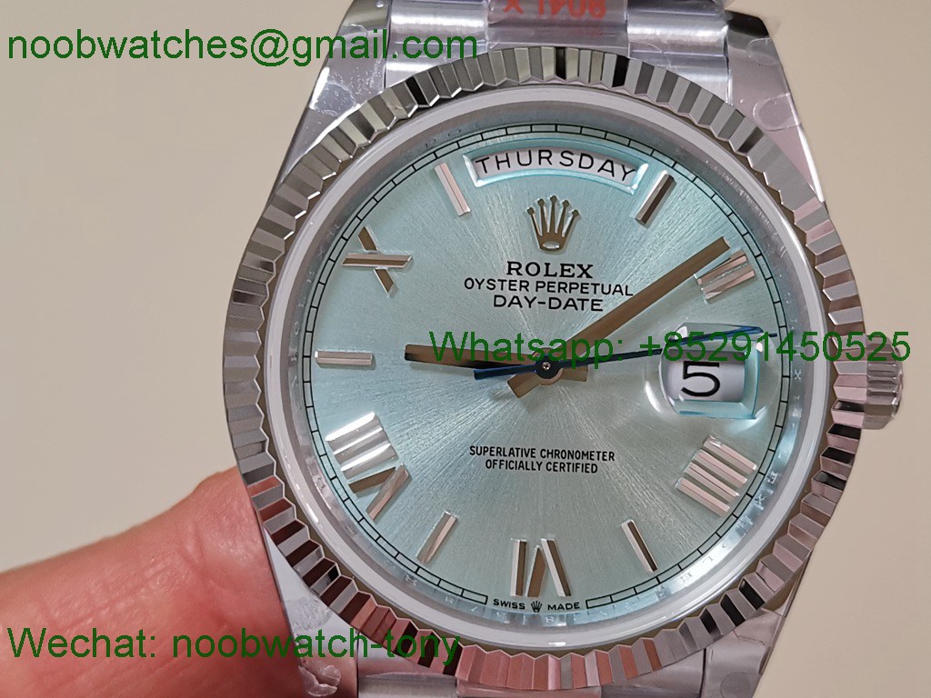 Replica Rolex DayDate 40mm QF 1:1 Best SuperClone Heavy Gain Weight Ice Blue Roman Dial President A2836 V5