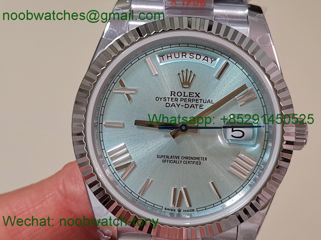 Replica Rolex DayDate 40mm QF 1:1 Best SuperClone Heavy Gain Weight Ice Blue Roman Dial President A2836 V5