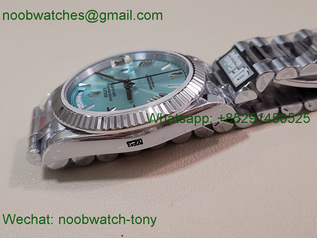 Replica Rolex DayDate 40mm QF 1:1 Best SuperClone Heavy Gain Weight Ice Blue Roman Dial President A2836 V5