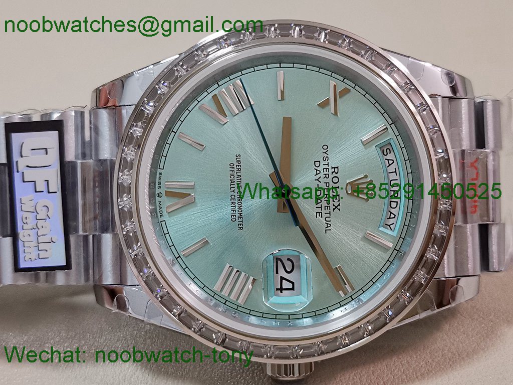 Replica Rolex DayDate 40mm QF 1:1 Best SuperClone Heavy Gain Weight Ice Blue Diamond Bezel President A2836 V5