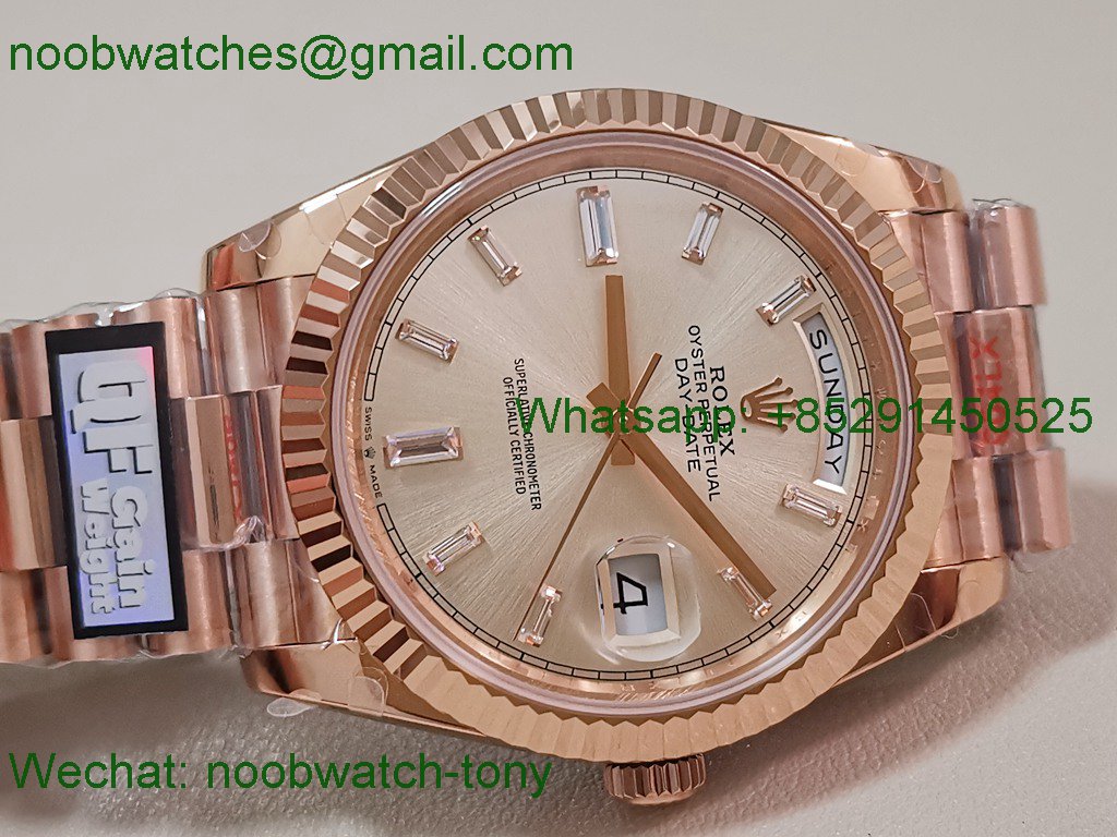 Replica Rolex DayDate 40mm Rose Gold QF Best SuperCLone Silver Diamond Dial V5 Gain Weight Heavy