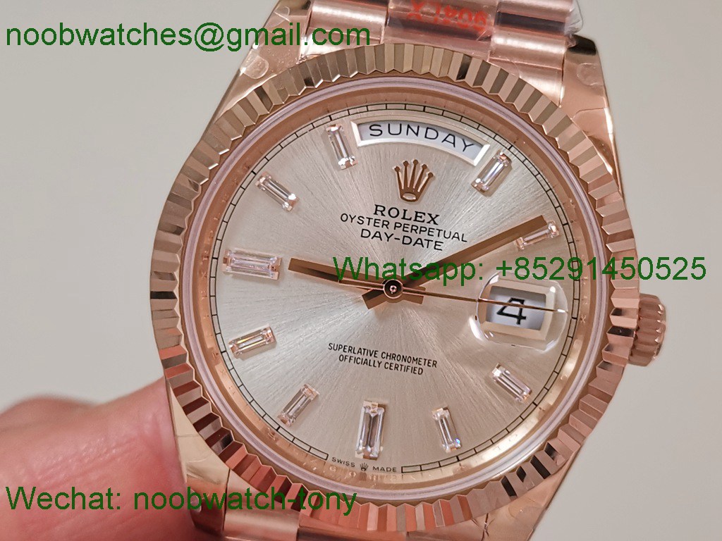Replica Rolex DayDate 40mm Rose Gold QF Best SuperCLone Silver Diamond Dial V5 Gain Weight Heavy