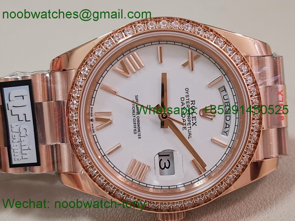 Replica Rolex DayDate 40mm Rose Gold QF Best SuperClone White Dial Diamond Bezel V5 Gain Weight Heavy