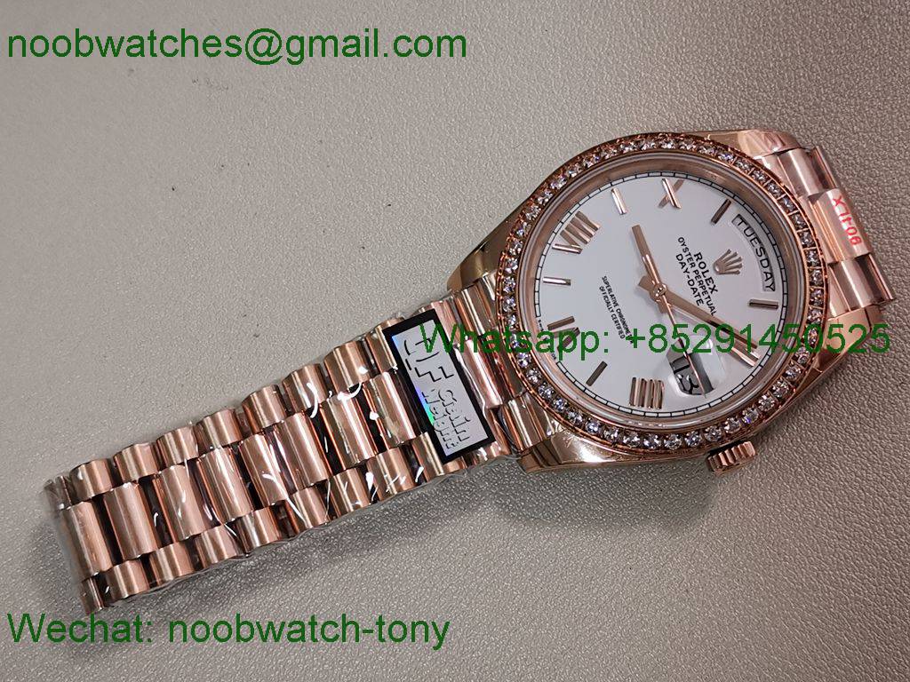 Replica Rolex DayDate 40mm Rose Gold QF Best SuperClone White Dial Diamond Bezel V5 Gain Weight Heavy