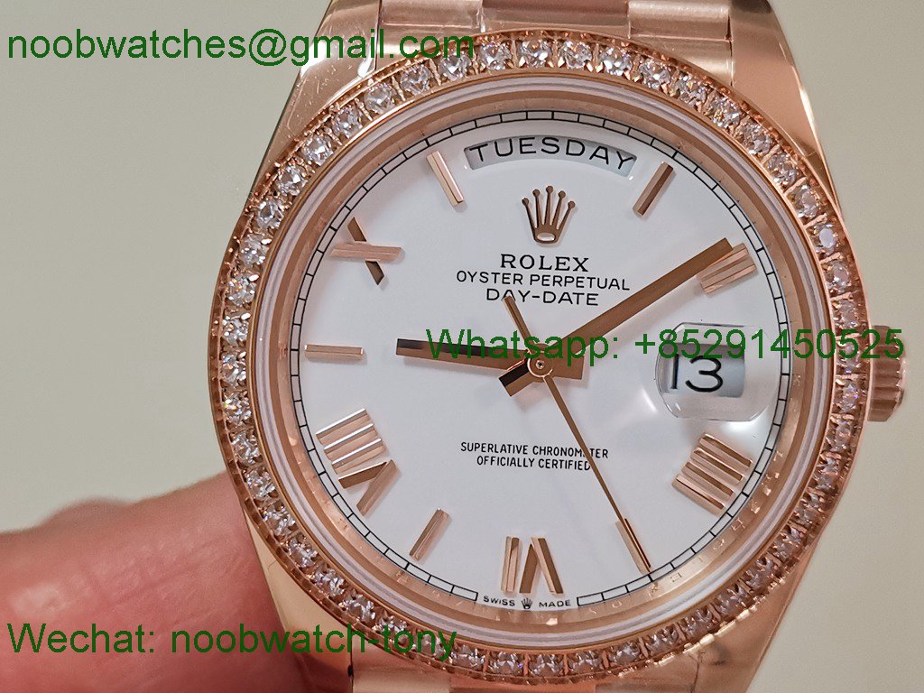Replica Rolex DayDate 40mm Rose Gold QF Best SuperClone White Dial Diamond Bezel V5 Gain Weight Heavy