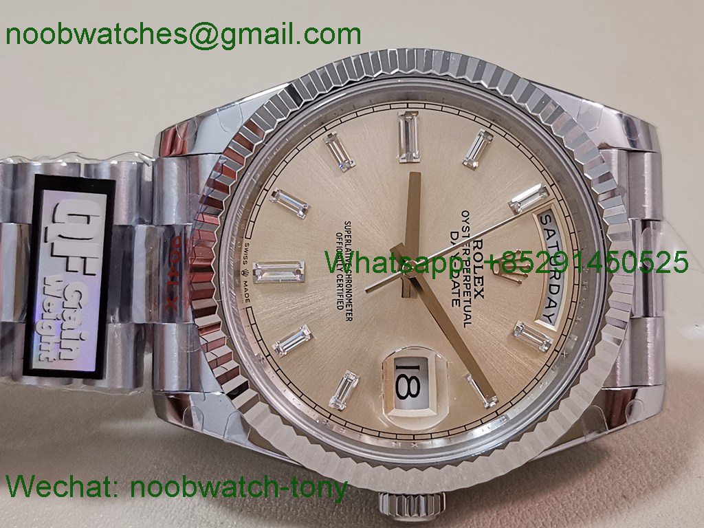 Replica Rolex DayDate 40mm QF Best SuperClone Silver Diamond Dial President A2836 V6 Heavy Gain Weight