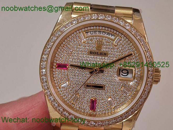 Replica Rolex DayDate 40mm Yellow Gold QF 1:1 Best SuperClone Diamonds Red A2836 V5 Heavy Gain Weight