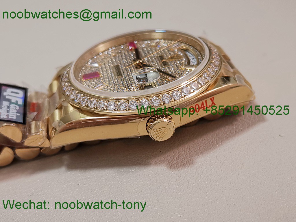 Replica Rolex DayDate 40mm Yellow Gold QF 1:1 Best SuperClone Diamonds Red A2836 V5 Heavy Gain Weight