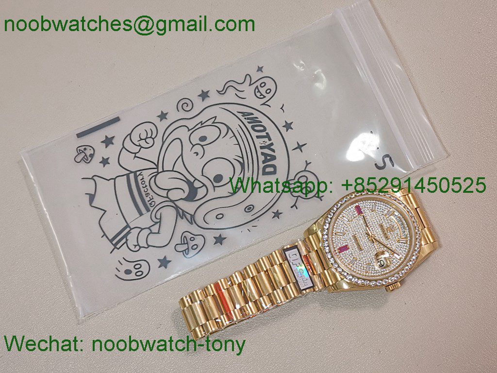 Replica Rolex DayDate 40mm Yellow Gold QF 1:1 Best SuperClone Diamonds Red A2836 V5 Heavy Gain Weight