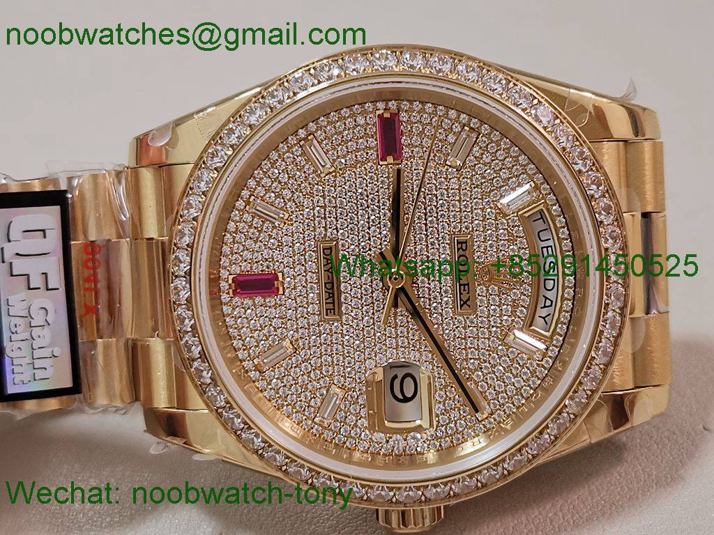 Replica Rolex DayDate 40mm Yellow Gold QF 1:1 Best SuperClone Diamonds Red A2836 V5 Heavy Gain Weight