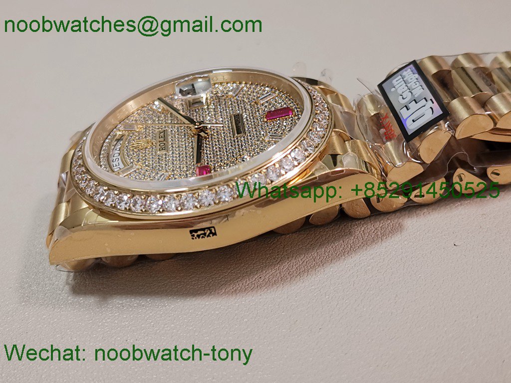Replica Rolex DayDate 40mm Yellow Gold QF 1:1 Best SuperClone Diamonds Red A2836 V5 Heavy Gain Weight
