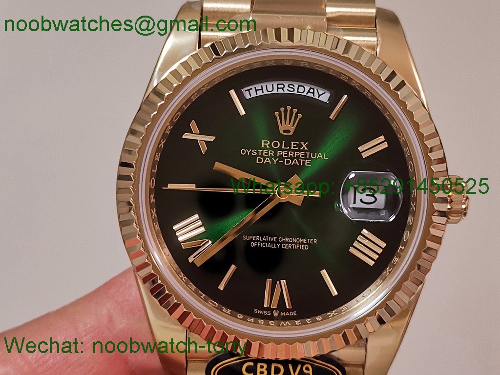 Replica Rolex DayDate 40mm Yellow Gold CBDF 1:1 Best SuperClone Green Ombre Roman Dial VR3255 Heavy Gain Weight 210g 