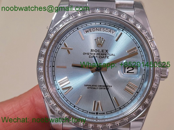 Replica Rolex DayDate 40mm CBDF 1:1 Best SuperClone Ice Blue Roma Dial Diamond Bezel VR3255 Heavy Gain Weight 210g 