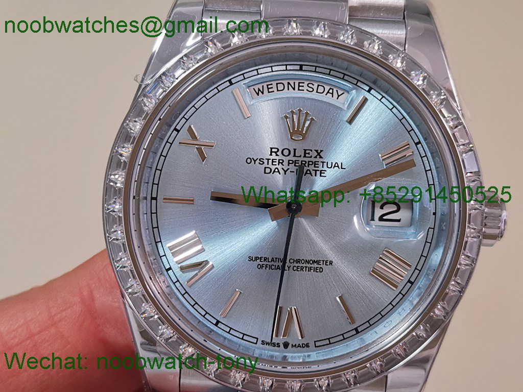 Replica Rolex DayDate 40mm CBDF 1:1 Best SuperClone Ice Blue Roma Dial Diamond Bezel VR3255 Heavy Gain Weight 210g 