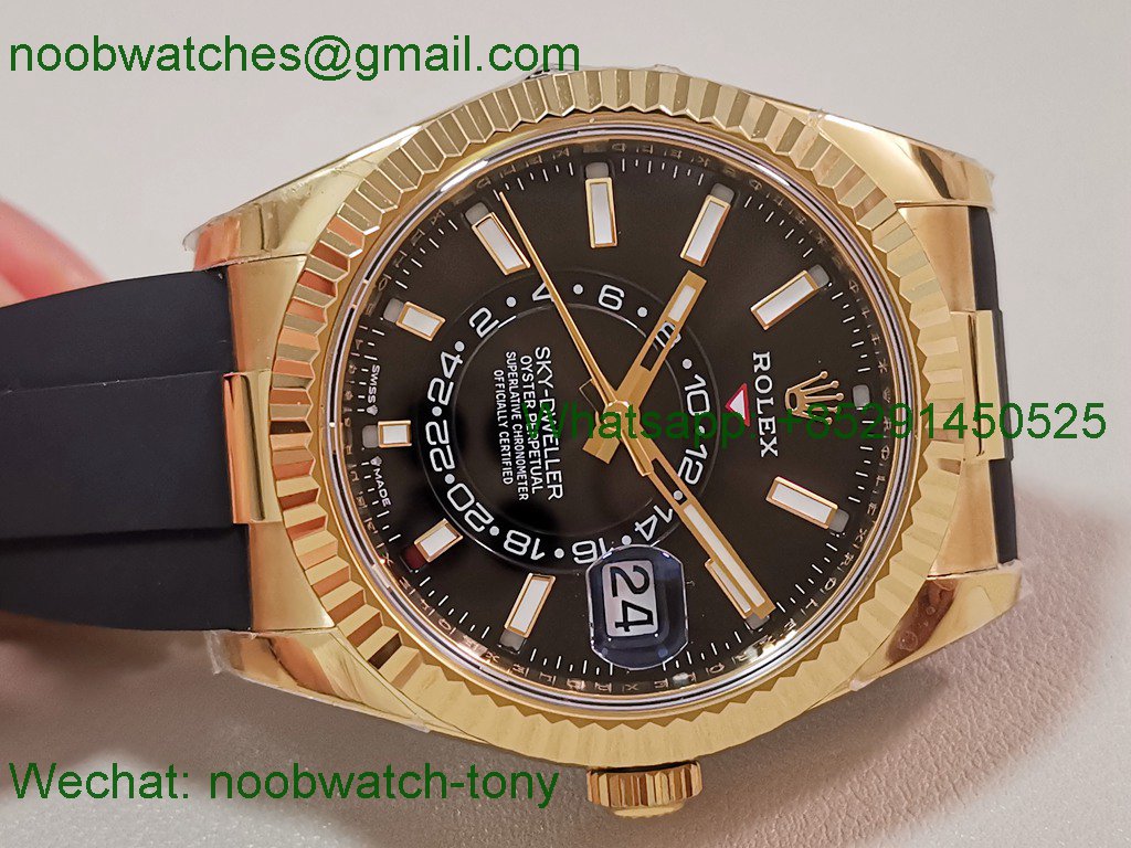 Replica Rolex Sky-Dweller 336238 Gain Weight Yellow Gold ZF Best SuperCLone Black Dial Rubber
