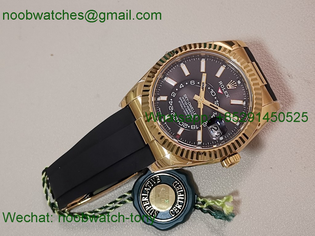 Replica Rolex Sky-Dweller 336238 Gain Weight Yellow Gold ZF Best SuperCLone Black Dial Rubber