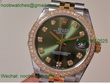 Replica Rolex DateJust 31mm Two Tone SS Yellow Gold TWF Best Green Dial Diamond Bezel A2824