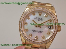 Replica Rolex DateJust 31mm Yellow Gold GSF Best MOP Mother of Pearl Dial Diamond Bezel A2824